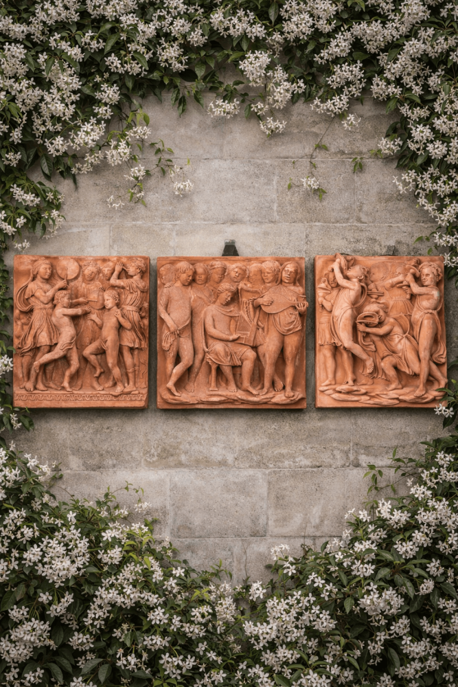 Relief mural en terre cuite d’Impruneta inspiré de Luca della Robbia – esthétique de la Renaissance italienne